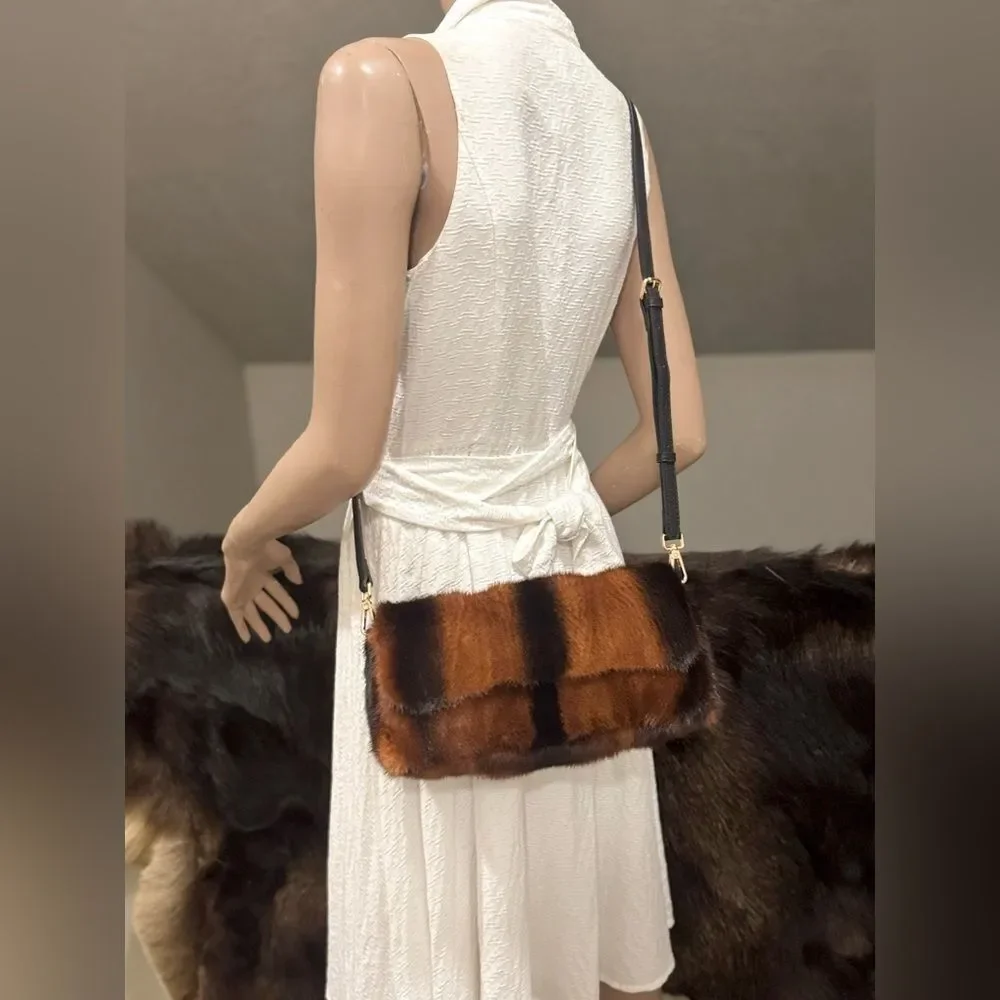 Brown Gradient Real Mink Fur Handmade Baguette Shoulder Bag, Multi Use Style